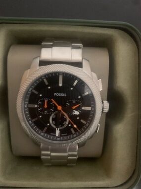 Fossil Silver Stainless Steel Watch with Black Dial and Orange Accents